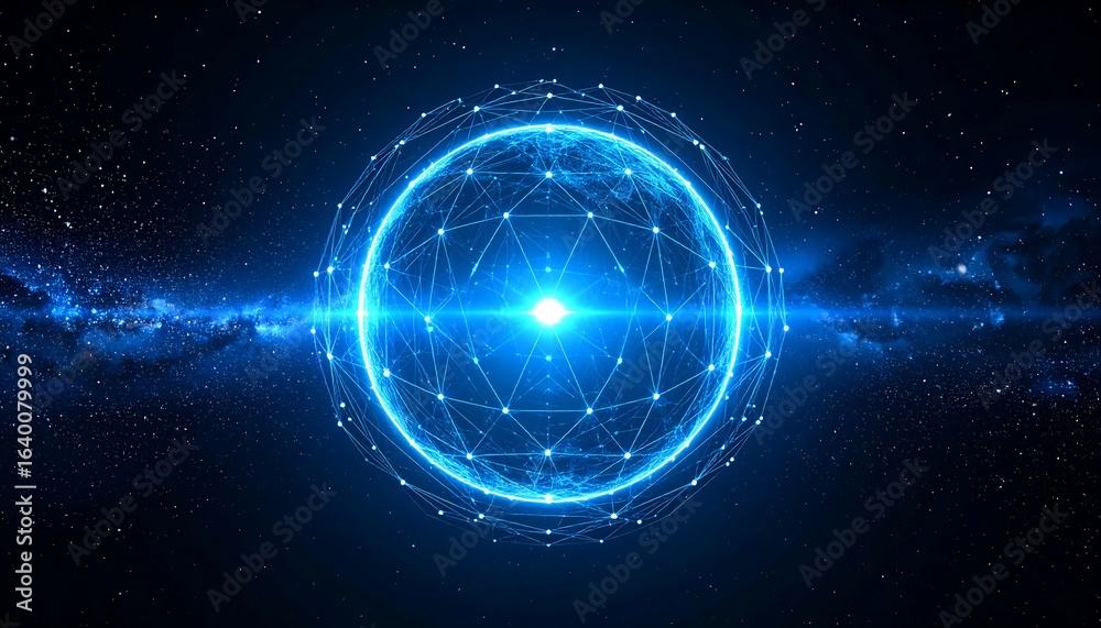 Obraz premium Digital representation of a glowing sphere in outer space with geometric patterns and bright stars