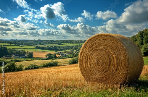 Rolling Hay Bales on a Verdant Hillside Under a Cloudy Sky During Late Aftern...