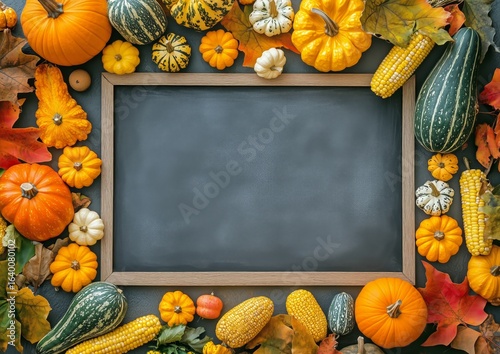 Colorful Autumn Harvest Display With Pumpkins and Leaves Surrounding a Blank ...