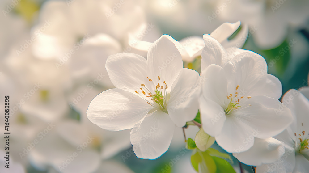 Fototapeta premium Tranquil white flowers with vibrant centers create serene atmosphere, inviting sense of peace and beauty in nature. Their delicate petals and lush greenery enhance overall charm