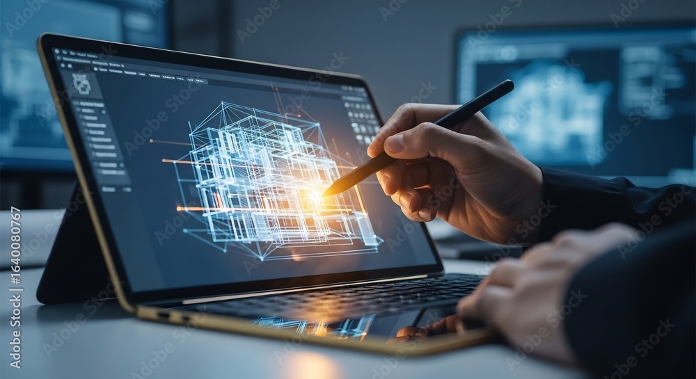 Fototapeta premium Engineer Designing 3D Model on Laptop, Using Stylus Pen for Precision