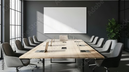 Modern conference room with blank presentation board, perfect for showcasing your design.