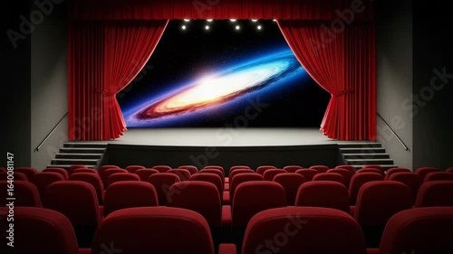 A cosmic spectacle unfolds on a movie theater stage.
