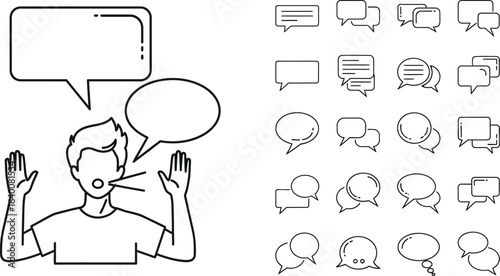Set of hand-drawn speech bubble icons for talk, chat, message, communication, dialog, conversation, and discussion