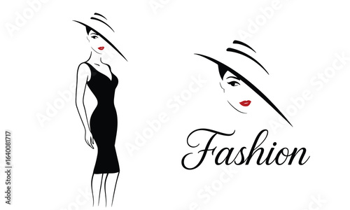 Elegant fashion woman in little black dress and wide‑brim hat logo concept