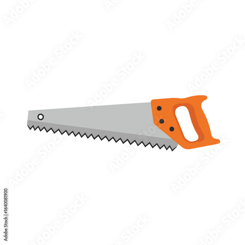A simple illustration of a handsaw with a bright orange handle and a grey serrated blade, isolated on a white background.