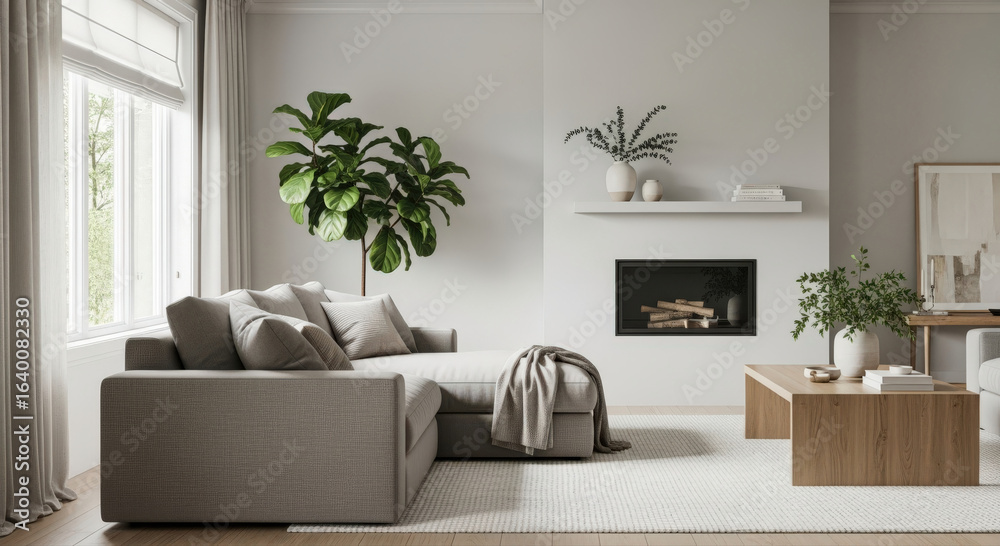 Naklejka premium Modern and elegant living room interior with a comfortable couch and various decorative elements. The space is well-lit and inviting.