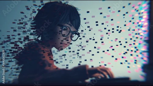 Young Boy Explores Virtual World While Typing on a Computer in a Creative Animation Showcasing Digital Transformation