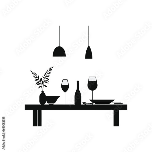 Black and white table setting illustration with wine and flower vase