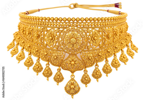 Intricately detailed antique gold choker necklace with floral motifs and dangling pendants isolated on a transparent background