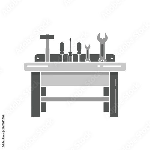 Grey scale image of a workbench with various tools.