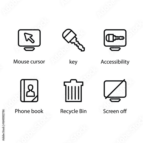 Mouse cursor, key, Accessibility, Phone book, Recycle Bin, Screen off, Icon