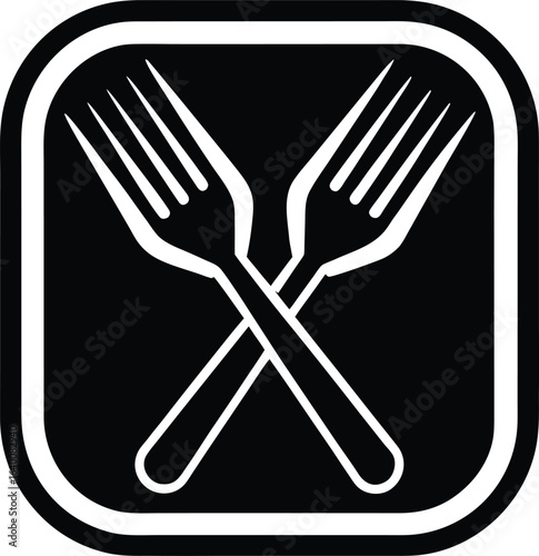 Vector art of two crossed forks in a black and white square design perfect for restaurant menus and culinary themed graphics