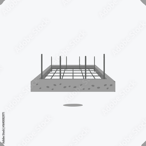 Detailed illustration of a concrete foundation with rebar reinforcement, construction phase.
