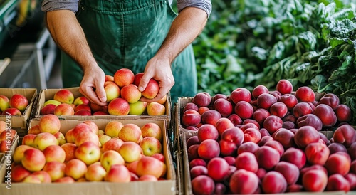 Fruit Seller Arranging Apples and Plums in a Busy Market During the Afternoon...