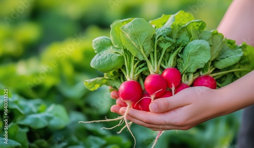 Freshly Harvested Radishes With Greens Held by Hands in a Vibrant Garden Sett...