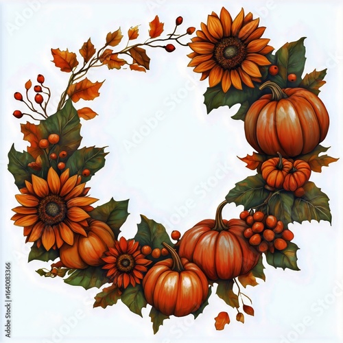 Colorful Autumn Wreath Featuring Sunflowers and Pumpkins for Seasonal Decorat...