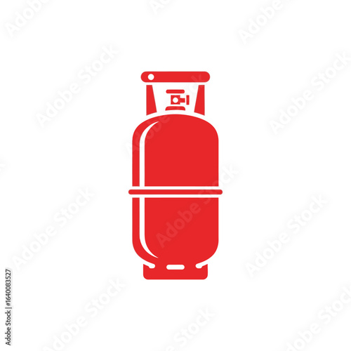 A red gas cylinder, commonly used for propane or LPG, stands isolated on a white background.