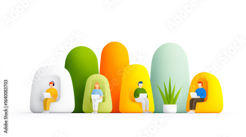 Contemporary coworking interior with bright private pods, indoor plants, and people working on laptops