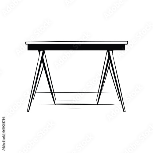 Black line art of wooden trestle table on a white background