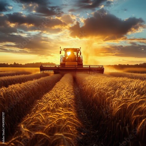 Sunset Harvest of Golden Wheat in a Rural Field by a Combine During Late Afte...