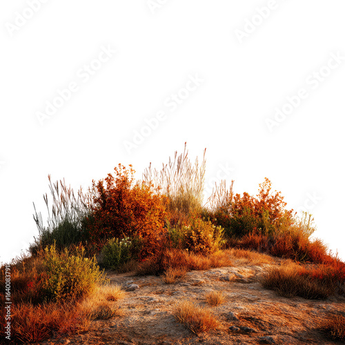 Autumnal hillside shrubs, sunset, rocky terrain, background blur, nature scene