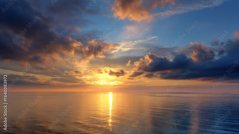 Obraz premium The sky is filled with clouds and the sun is setting over the ocean. The water is calm and the sky is a beautiful mix of orange and blue hues