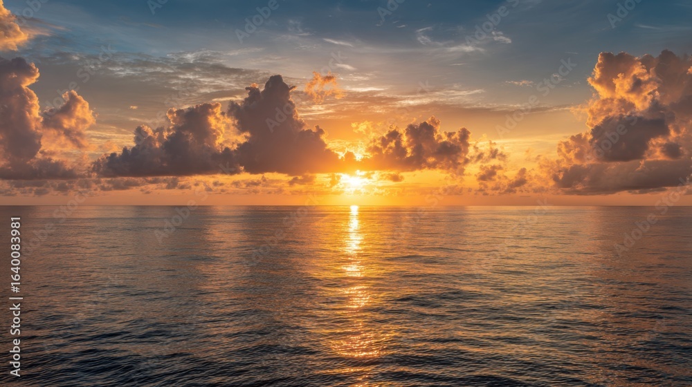Fototapeta premium The sun is setting over the ocean, casting a warm glow on the water. The sky is filled with clouds, creating a serene and peaceful atmosphere