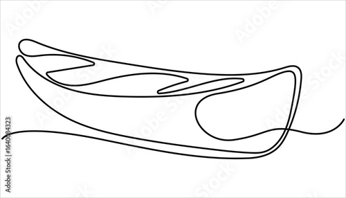 Single continuous line drawing canoe trails and rafting club with kayaking equipment, boat icon continuous one line drawing, Vintage mountain, rafting, kayaking, paddling, canoeing camping. 