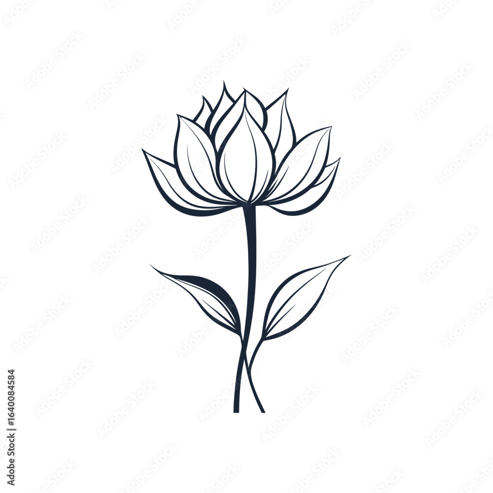 Fototapeta premium Black outline illustration of a simple flower on a stem with two leaves