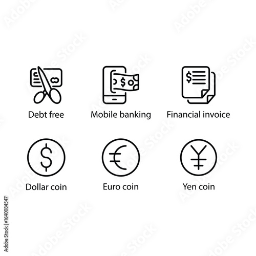 Debt free, Mobile banking, Financial invoice, Dollar coin, Euro coin, Yen coin, icon