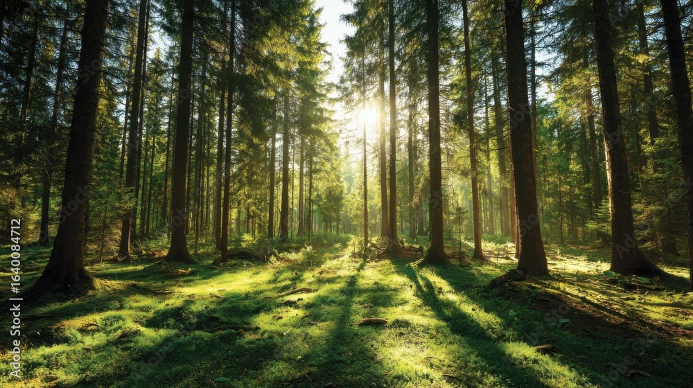 Fototapeta premium A forest with trees and grass. The sun is shining through the trees, creating a peaceful and serene atmosphere