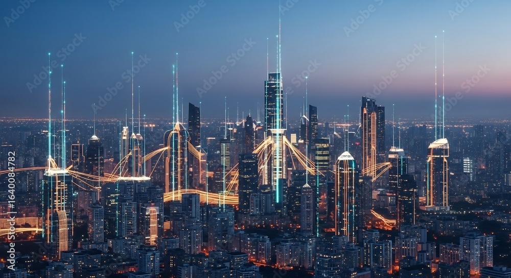 Fototapeta premium Futuristic Cityscape at Night A Vision of Smart City Technology and Urban Development