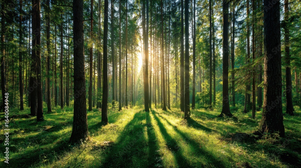 Fototapeta premium A forest with trees and sunlight shining through the leaves. The sunlight creates a peaceful and serene atmosphere