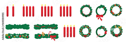 Set Christmas wreath and candles for greeting cards Merry Christmas and happy new year. Vector stock illustration isolated on white background for design poster, holiday cover, advertising, sales. 