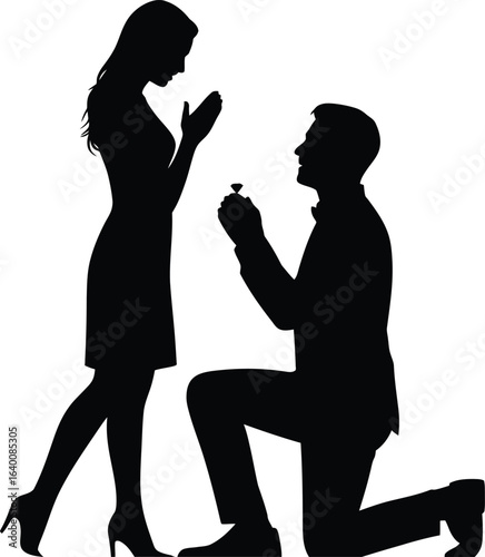 Man proposing to woman with ring silhouette proposal