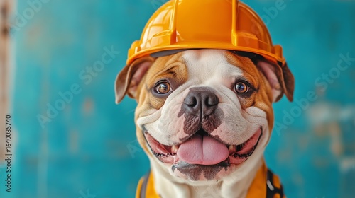 Dog Wearing Orange Hard Hat Smiles Against Blue Background During Constructio...
