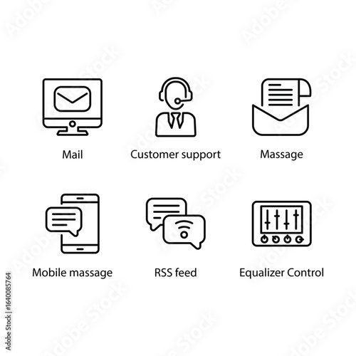 Mail, Customer support, Massage, Mobile massage, RSS feed, Equalizer Control, icon