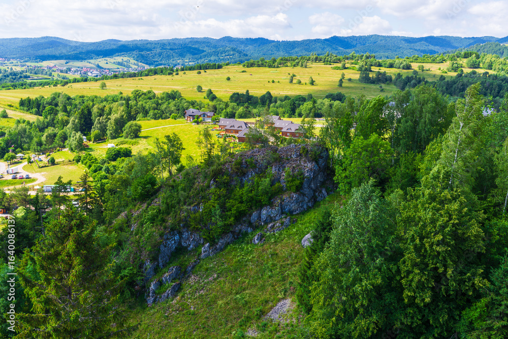 Obraz premium Rolling green hills and scattered houses with rocky cliffs in the foreground, viewed from the area near Czorsztyn Castle on a sunny summer day. This rural mountain landscape in Poland features lush 