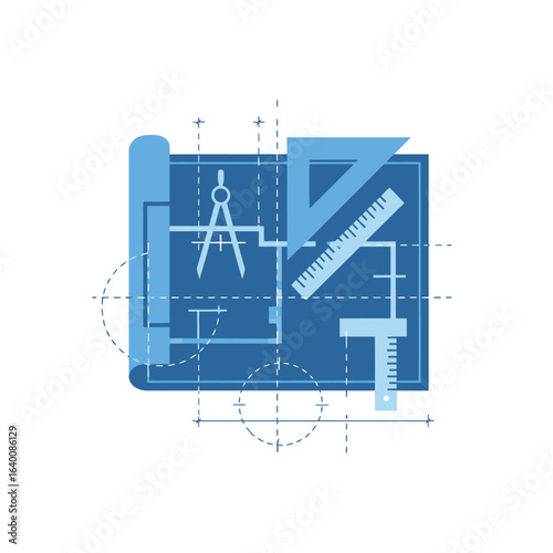 A blue architectural blueprint with drafting tools including a compass, T-square, and set square for technical drawing.