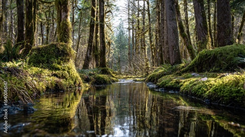 A stream of water flows through a forest with moss growing on the trees. The water is calm and clear, reflecting the surrounding trees and sky. The scene is peaceful and serene