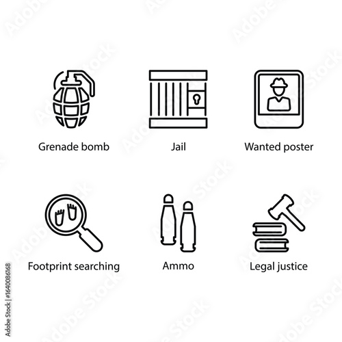 Police hat, Time bomb, Police officer, Handcuffs, Shooting target, Terrorist, icon