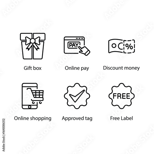 Gift box, Online pay, Discount money, Online shopping, Approved tag, Free Label, icon