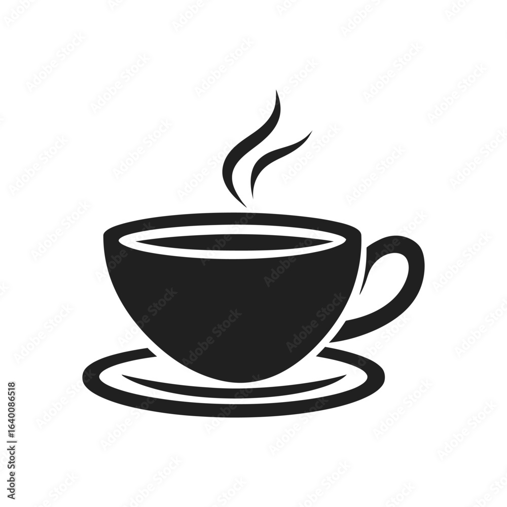 Obraz premium Black silhouette icon illustration of a steaming coffee cup and saucer