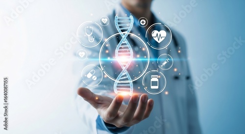 Doctor Holding a Hologram of DNA and Medical Icons  Advancements in Genetic Medicine and Healthcare Technology