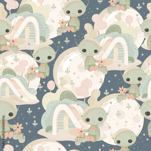 A sweet, alien-world-themed repeat design capturing gentle creatures in a dreamy, pastel playground