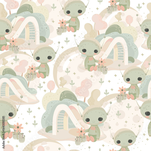 A sweet, alien-world-themed repeat design capturing gentle creatures in a dreamy, pastel playground
