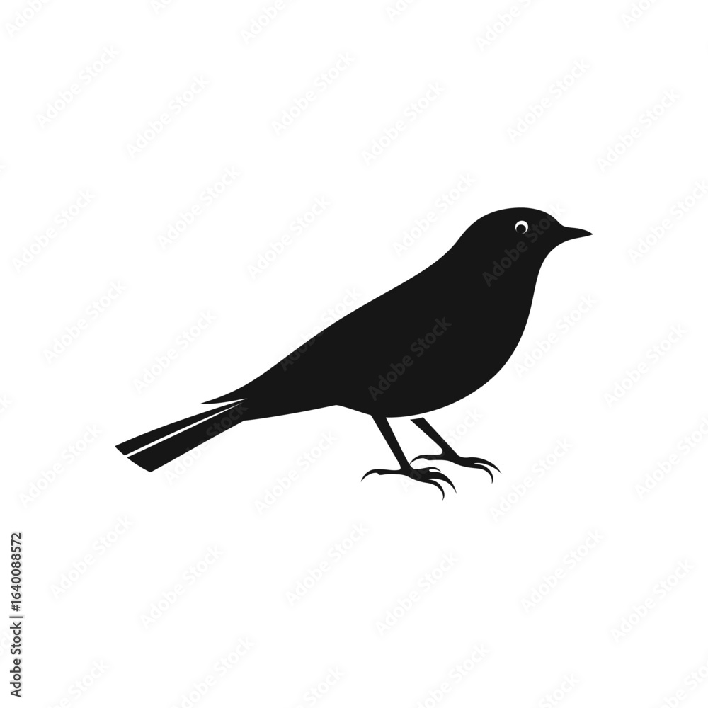 Obraz premium Black silhouette of a small bird standing on the ground with white background