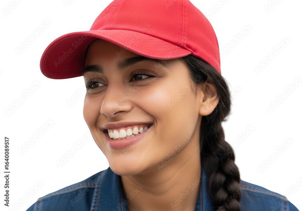 Young woman wearing red baseball cap smiling isolated on transparent background Young woman wearing red baseball cap smiling isolated on transparent background