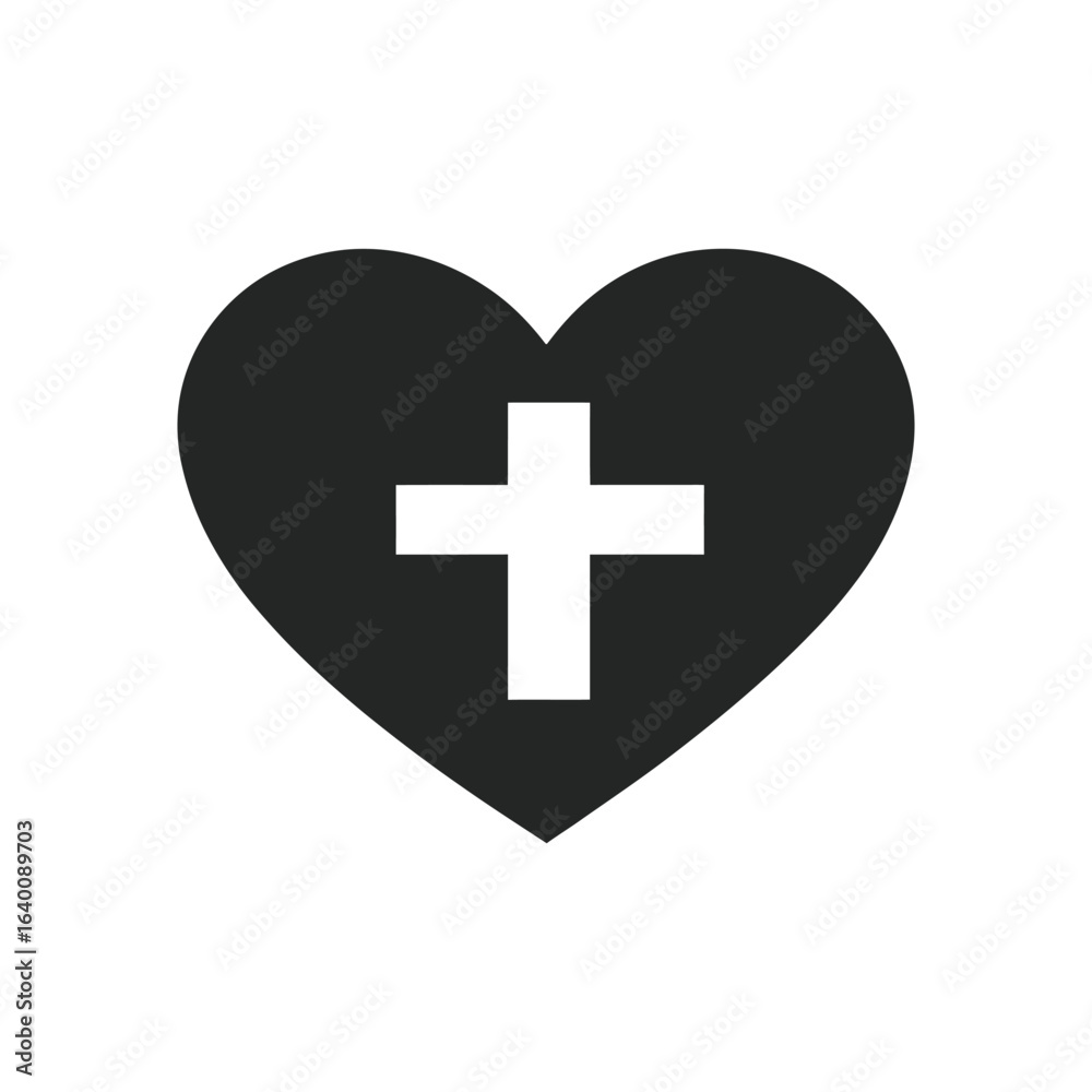 Obraz premium Black heart icon with white christian cross symbol inside on white background